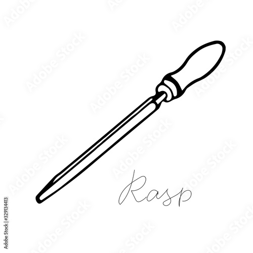 Hand-draw black vector illustration of metallic locksmith tool isolated on a white background with lettering rasp