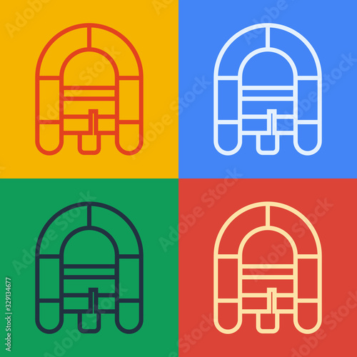 Pop art line Rafting boat icon isolated on color background. Inflatable boat. Water sports, extreme sports, holiday, vacation. Vector Illustration