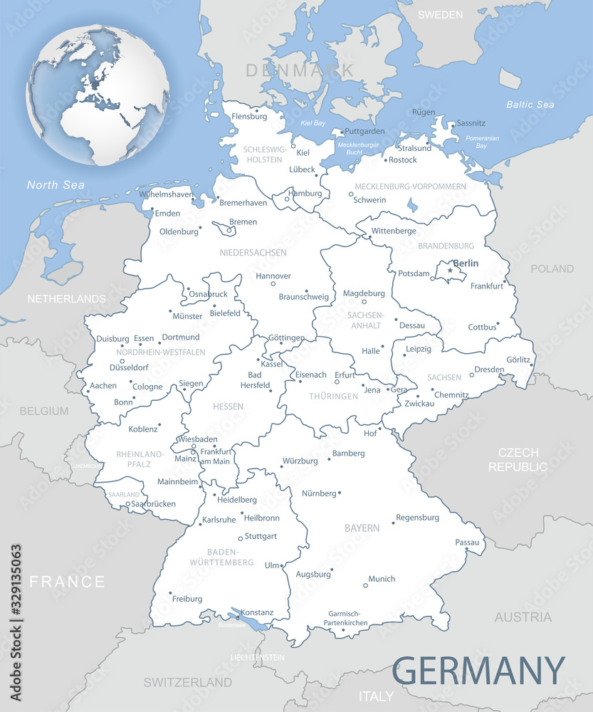 Blue-gray detailed map of Germany with administrative districts and location on the globe. Vector illustration