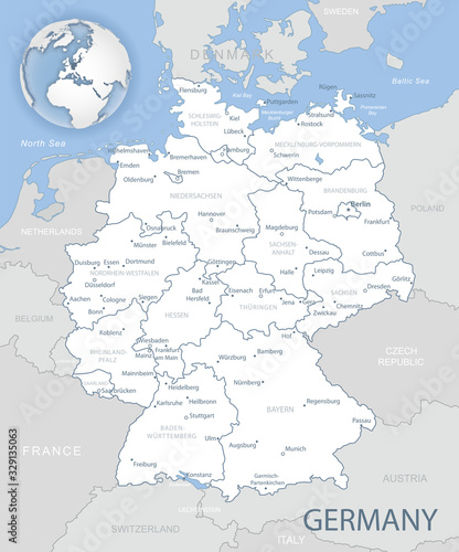 Blue-gray detailed map of Germany with administrative districts and location on the globe. Vector illustration