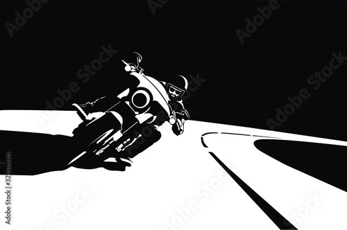 Biker on a motorcycle rides on the highway. Silhouette of a motorcyclist in a helmet on a bike on a black background.