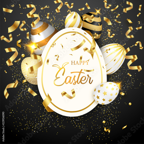 Carte ou bandeau Happy Easter dans un oeuf blanc et or sur fond noir serpentin, paillettes or et oeufs décorés blanc noir et or