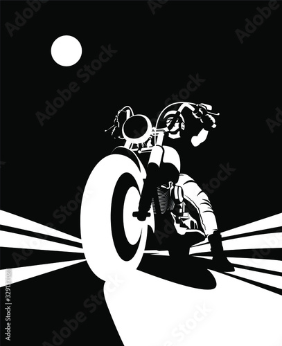 Biker on a motorcycle stands on the road. White silhouette of a motorcyclist in a helmet on a bike on a black background.