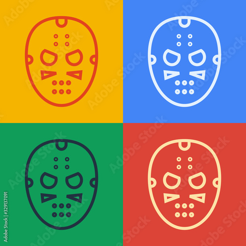 Pop art line Hockey mask icon isolated on color background. Vector Illustration