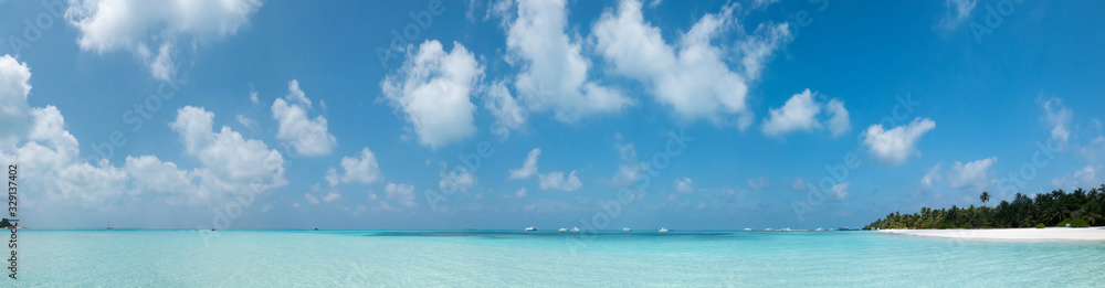 Maldives Panorama. Idyllic Beach on Meeru Island with Palm Trees.