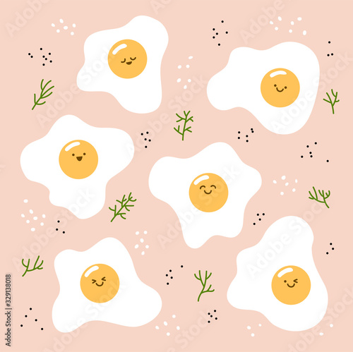 Set of Fried smiling eggs with dill  salt and pepper on pink background. Vector illustration in cartoon style. Flat omelet for your design creativities.