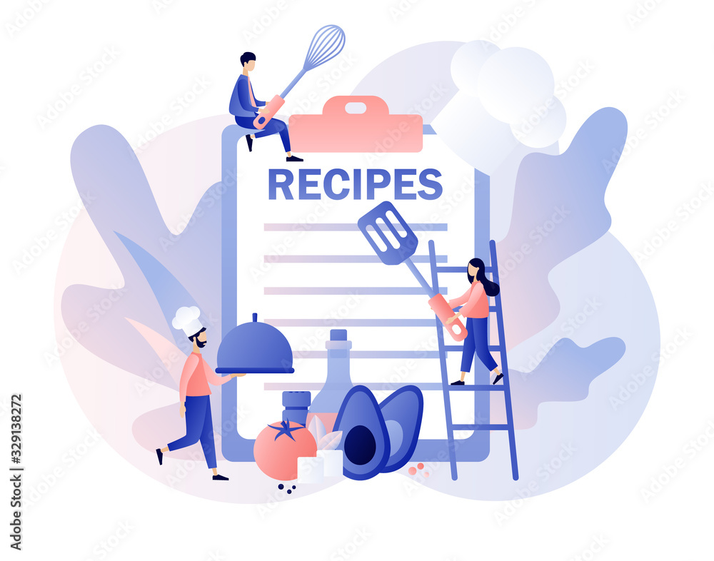 Recipes online. Ingredients list concept. Professional chef holding dish. Tiny People read recipe book and сook in сhef сap. Modern flat cartoon style. Vector illustration on white background Recipes online. Ingredients list concept. Professional chef holding dish. Tiny People read recipe book and сook in сhef сap. Modern flat cartoon style. Vector illustration on white background