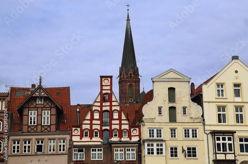 Ancient houses and church tower of Luneburg, Germany