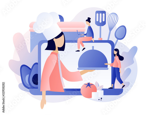 Food blogging. Recipes. Home cooking online. Professional chef holding dish. Tiny People Cook. Modern flat cartoon style. Vector illustration on white background