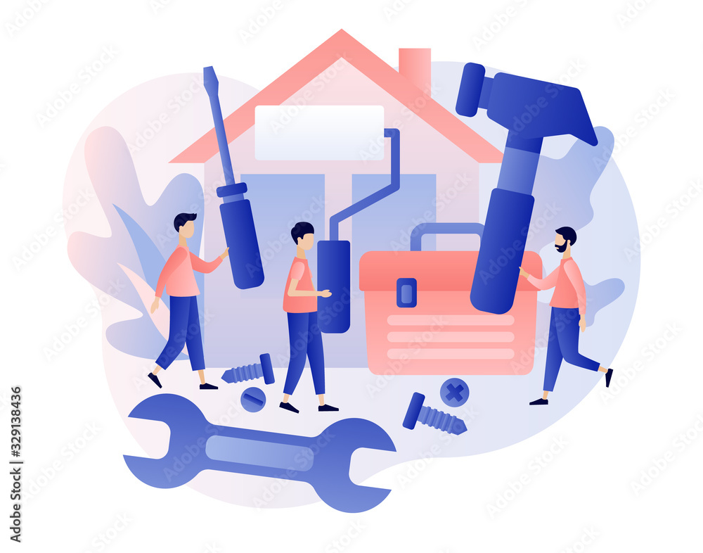 Handyman services. Husband for an hour. Repairman online. Tiny men holding huge Tools. Modern flat cartoon style. Vector illustration on white background