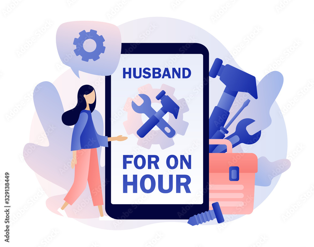 Husband for an hour. Handyman services online. Tiny woman in search of repairman in app. Box with Tools. Modern flat cartoon style. Vector illustration on white background Husband for an hour. Handyman services online. Tiny woman in search of repairman in app. Box with Tools. Modern flat cartoon style. Vector illustration on white background