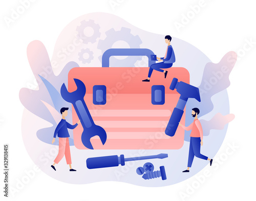 Handyman services. Repairman online. Husband for an hour. Tiny men holding huge Tools. Modern flat cartoon style. Vector illustration on white background