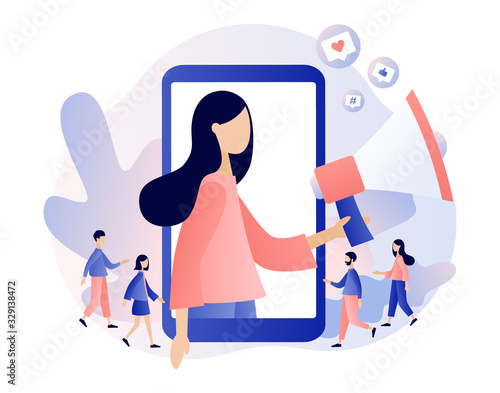 Social media influencer. Key Opinion Leader. SMM. Blogger girl with megaphone and Tiny people followers. Influencing audiences. Modern flat cartoon style. Vector illustration on white background