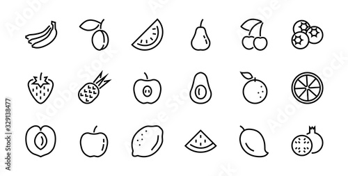 Fruit Icon Set, Vector lines, Contains icons such as apple, banana, cherry, lemon, watermelon, Avocado Editable stroke, 48x48 pixels, White background, eps 10