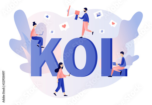 Key Opinion Leader. KOL text. Social media influencer. Marketing. Tiny bloger with megaphone and followers online. Influencing audiences. Modern flat cartoon style. Vector illustration 