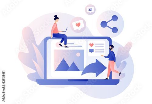 Share concept. Tiny people sharing data, photos, links, posts and news in social networks with laptop. Modern flat cartoon style. Vector illustration on white background
