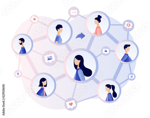 Social Networking. Share concept. Social media. Tiny people communicate sharing data, photos, links, posts and news in social networks. Modern flat cartoon style. Vector illustration
