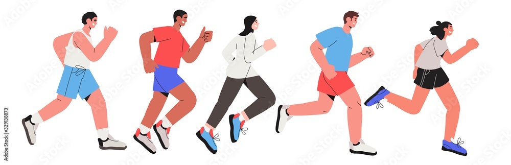 Fototapeta premium Vector illustration of runners running spring or summer marathon or jogging isolated on a white background in a trendy style. Healthy lifestyle and fitness.
