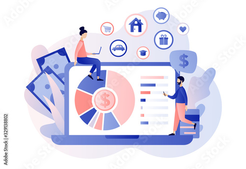 Budget management. Personal financial control. Cash flow. Tiny people is planning the personal budget online. Modern flat cartoon style. Vector illustration on white background