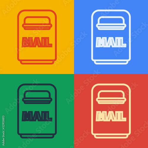 Pop art line Mail box icon isolated on color background. Mailbox icon. Mail postbox on pole with flag. Vector Illustration