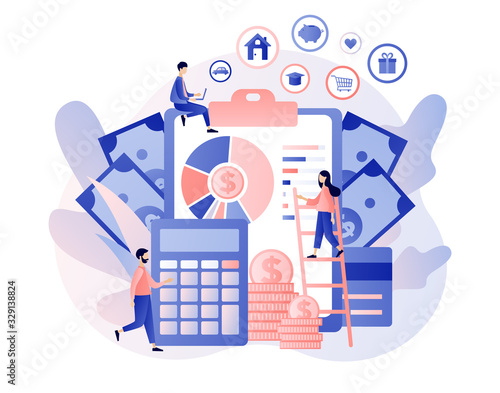 Budget management. Personal financial control. Financial literacy. Cash flow. Tiny people is planning the personal budget. Modern flat cartoon style. Vector illustration on white background