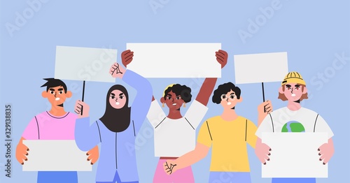 Diverse multicultural multiethnic group people holding signs, banners and placards on a protest demostration or picket. People against violence, pollution, discrimination, human rights violation, war.