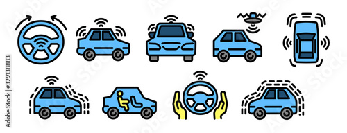 Driverless car icons set. Outline set of driverless car vector icons for web design isolated on white background