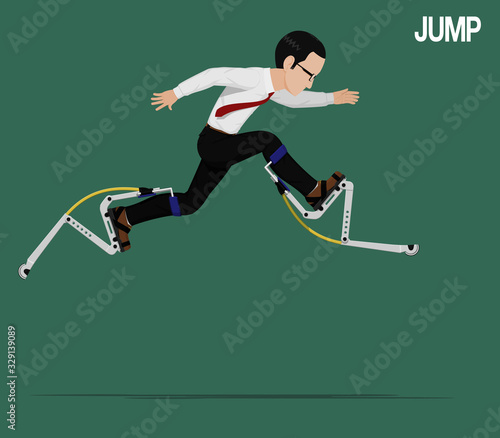 A businessman is jumping with jumping equipment