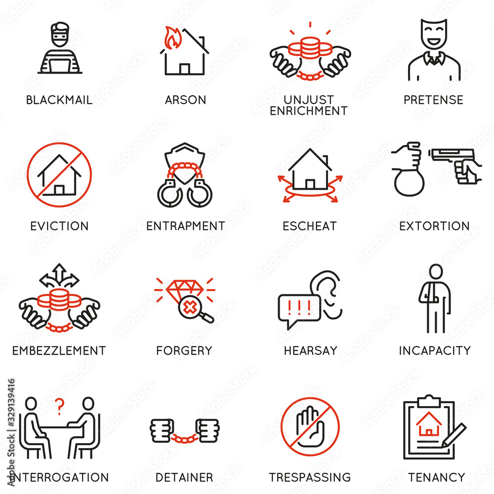 Vector set of linear icons related to law, justice and litigation. Mono line pictograms and infographics design elements - part 5