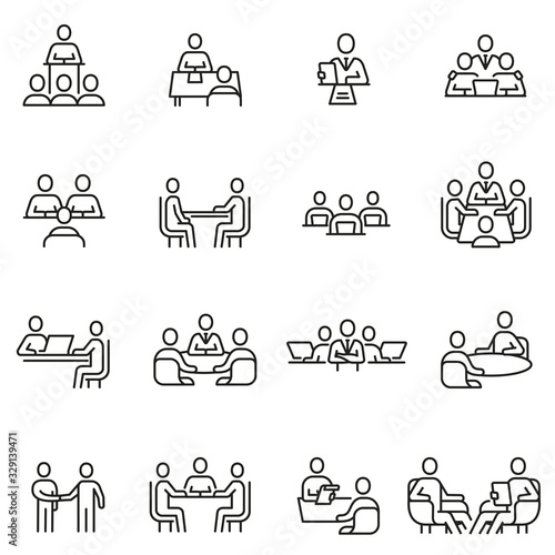 Vector set of linear icons related to team, discussion, meeting and interview. Mono line pictograms and infographics design elements photo