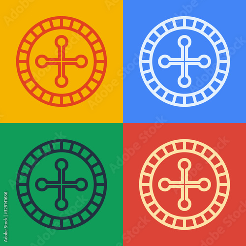 Pop art line Casino roulette wheel icon isolated on color background. Vector Illustration