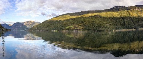 Panorama from water surface with bright reflection