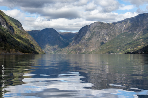 View from water surface with bright reflection