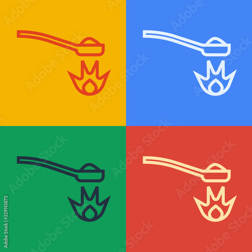Pop art line Heroin in a spoon icon isolated on color background. Concept of drug addiction and dependence from the narcotic. Junkie lifestyle. Vector Illustration