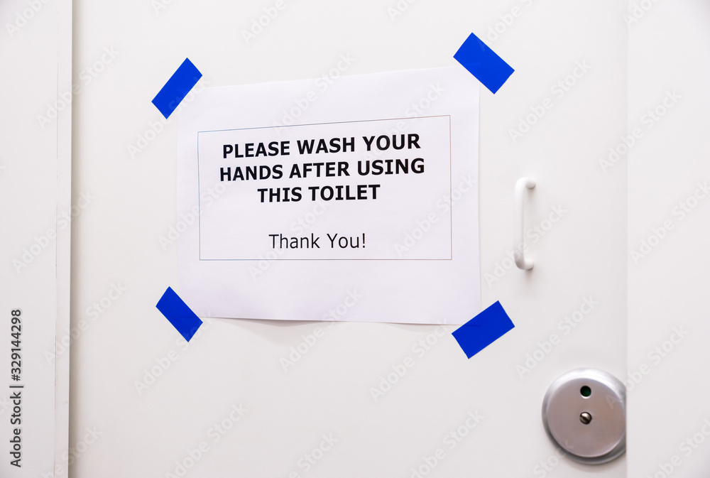 Hand cleaning notice for toilet room. Washing hands after using a