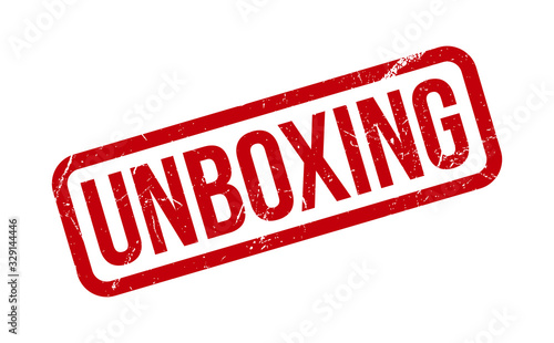Unboxing Rubber Stamp. Red Unboxing Rubber Grunge Stamp Seal Vector Illustration - Vector