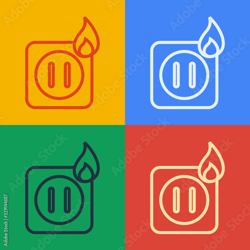 Pop art line Electric wiring of socket in fire icon isolated on color background. Electrical safety concept. Plug outlet on fire. Vector Illustration