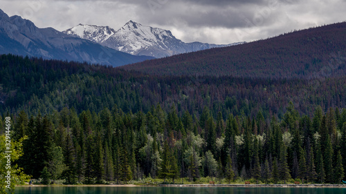 Lake with mountain range in the background, Annette Lake, Jasper National Park, Alberta, Canada