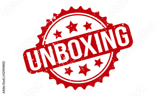 Unboxing Rubber Stamp. Red Unboxing Rubber Grunge Stamp Seal Vector Illustration - Vector