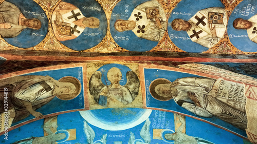 Ortodox christian frescos inside Dark church in Cappadocia. Ancient cave church with unique paintings in Goreme in Cappadocia