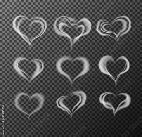 Steam hot beverage hearts. Realistic vector illustration.