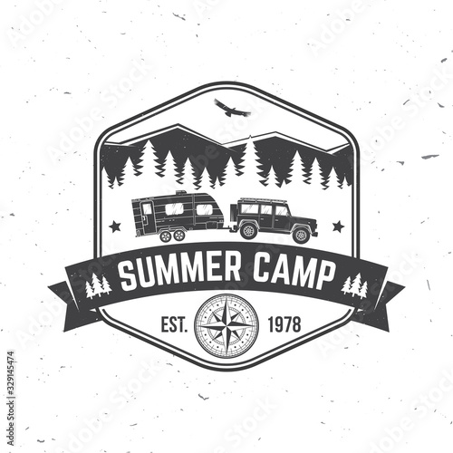 Summer camp. Vector. Concept for shirt or logo, print, stamp or tee. Vintage typography design with camper trailer, forest and mountain silhouette.