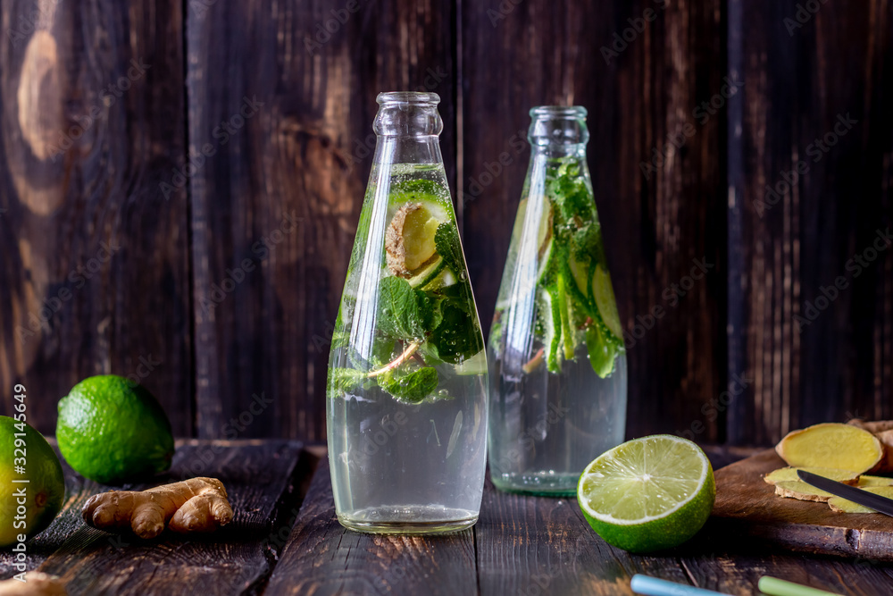 Homemade lemonade with lime, mint and ginger . Cold drinks. Recipes. Veganism. Healthy eating. Diet. Homemade lemonade with lime, mint and ginger . Cold drinks. Recipes. Veganism. Healthy eating. Diet.