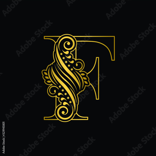 Fototapeta Naklejka Na Ścianę i Meble -  Gold letter  F. Vintage golden flower ornament initial letters.  Alphabet. Logo vector 