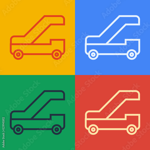 Pop art line Passenger ladder for plane boarding icon isolated on color background. Airport stair travel. Vector Illustration