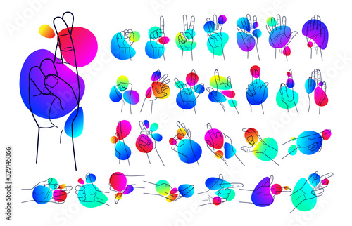Set of outlines of human hands, movements and signs with fingers, on a background of gradient shapes isolated vector illustration