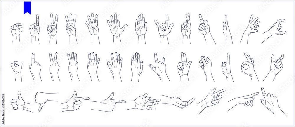 Set of contours of human hands, signs and gestures isolated vector illustrations on a white background