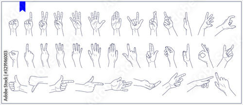 Set of contours of human hands, signs and gestures isolated vector illustrations on a white background photo
