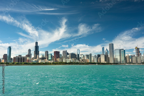 Chicago cityscape looking out from the Adler Planetarium across Lake Michigan in Illinois USA