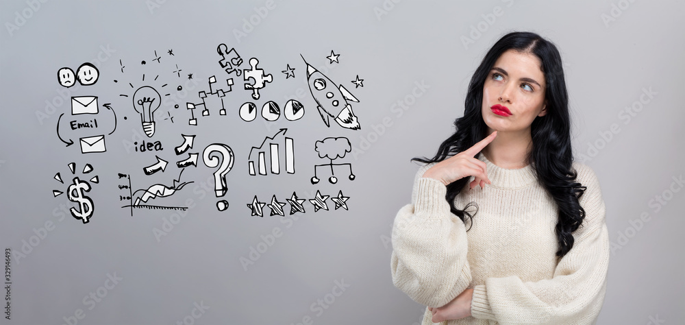 Fototapeta premium Business strategy ideas with young woman in a thoughtful face